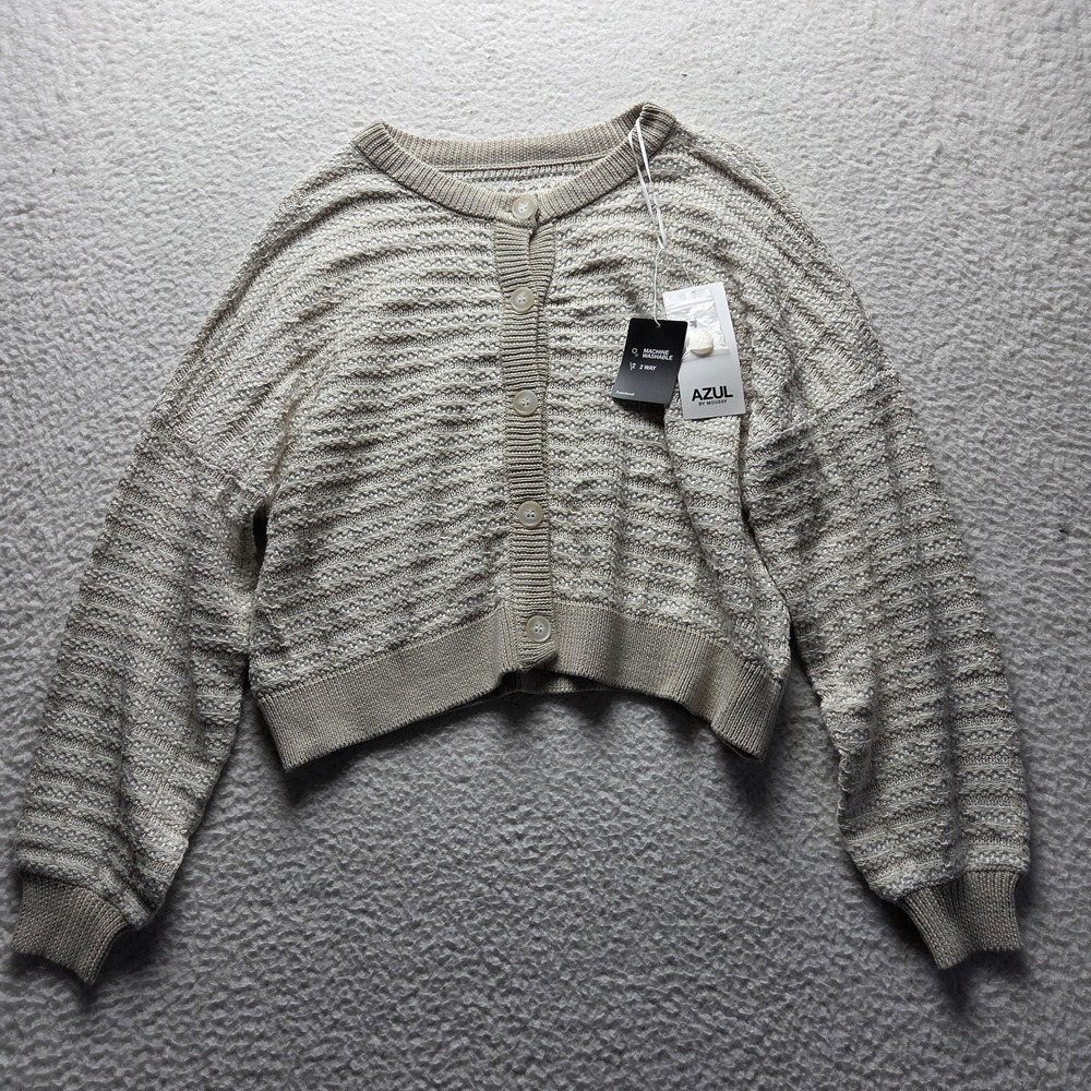 AZUL Cardigan Sweater Womens Medium Beige Crew Neck Button Front Knit Cropped